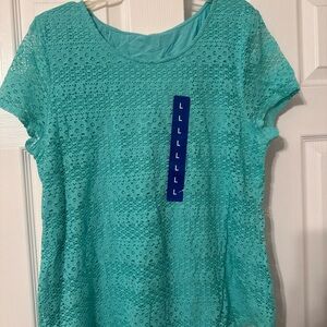 Leo & Nicole Teal Lace Overlay Short Sleeve Blouse